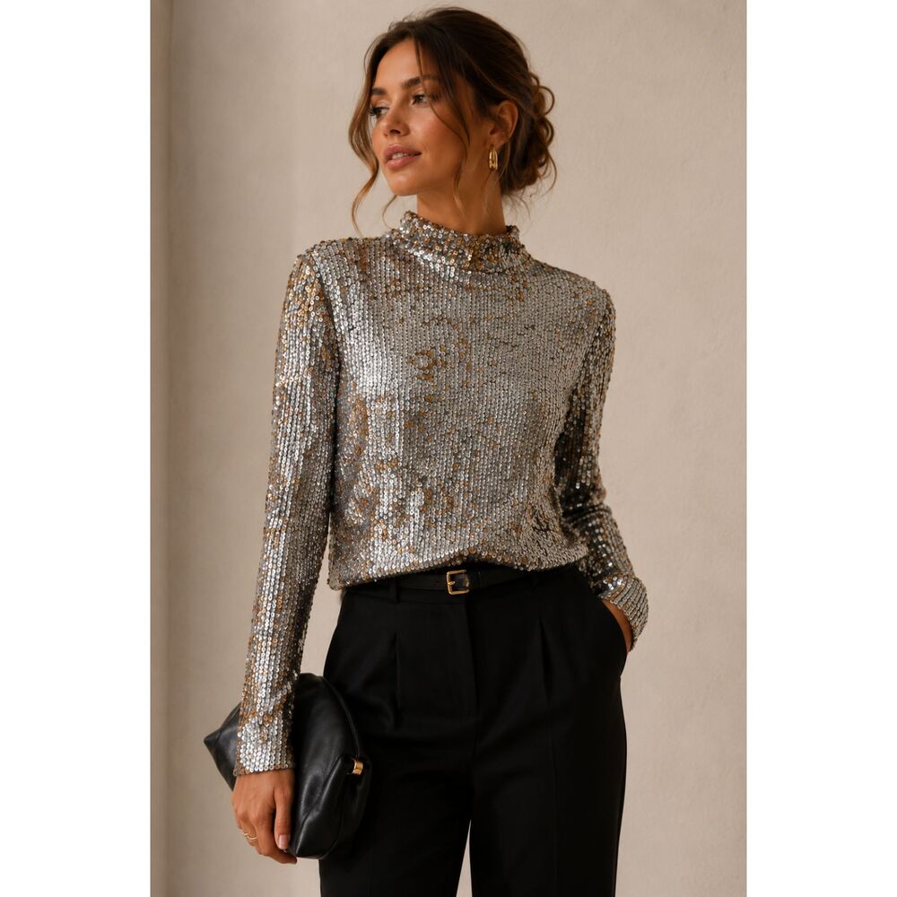 SAYLOR Sequined Mockneck Long Sleeve Silver/Gold Large